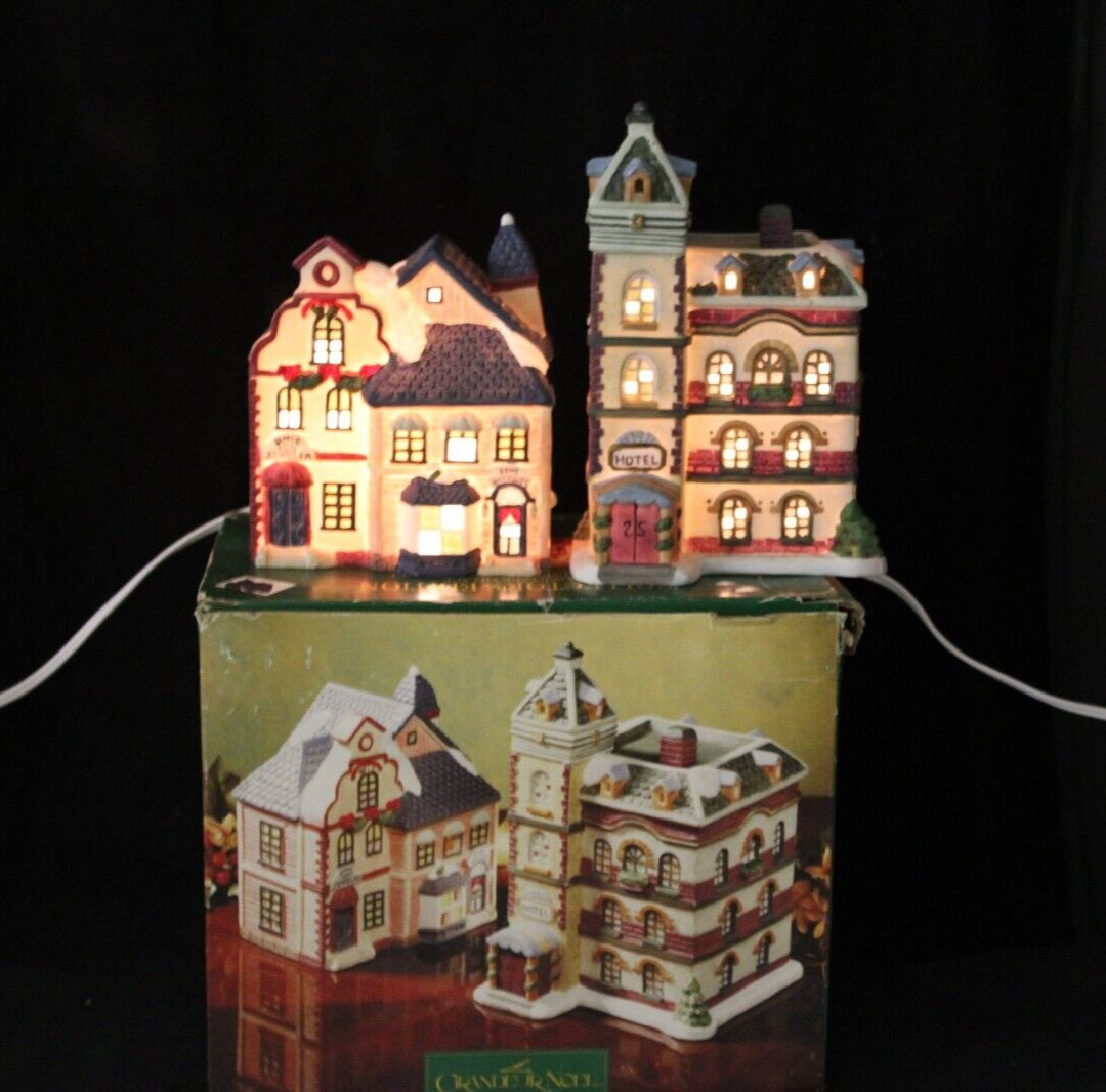 Grandeur Noel 2 Piece Porcelain Set HOTEL & JEWELER ANTIQUES Christmas Lighted
