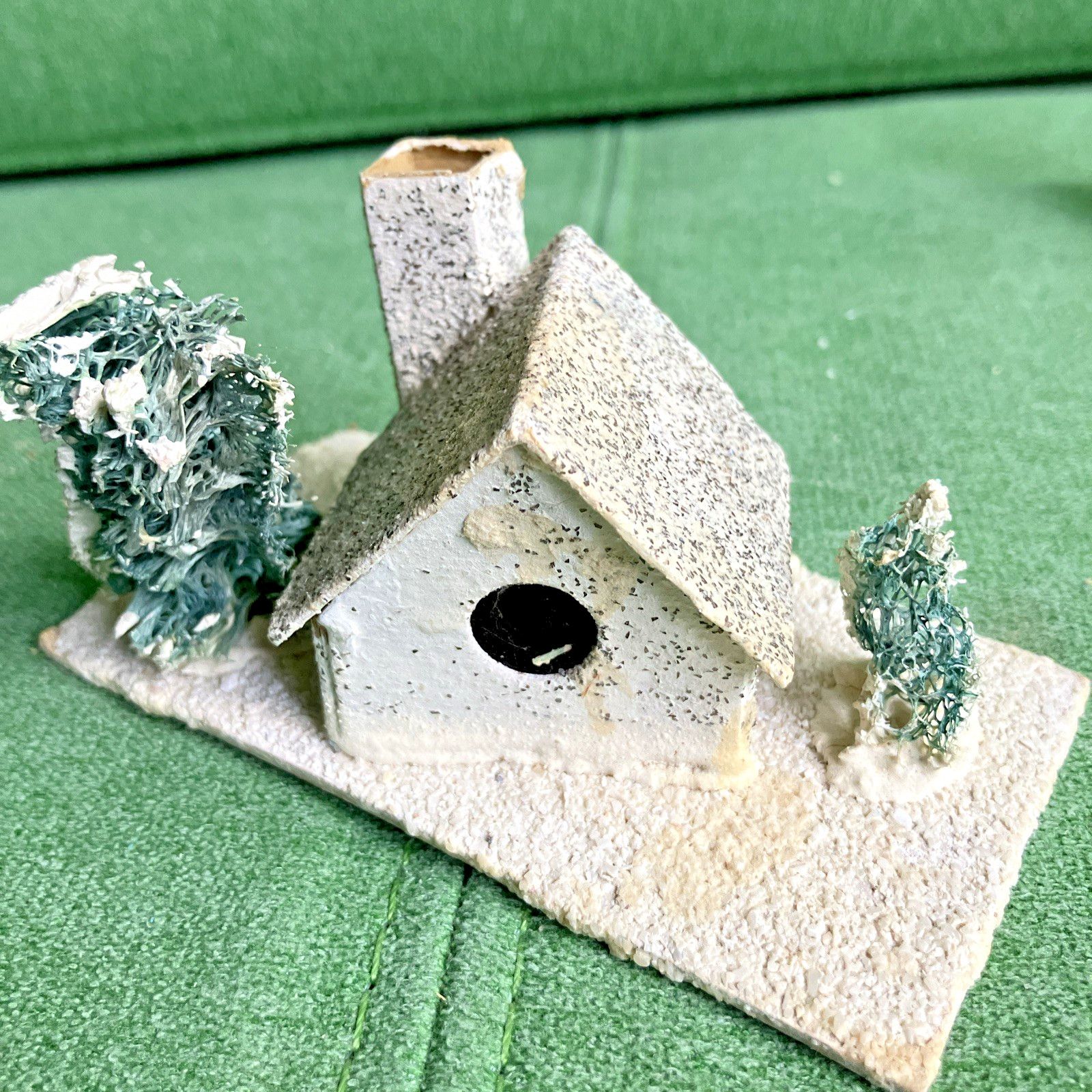 3 VTG Christmas Putz Houses, Cardboard w Mica Glitter, Windows, Trees