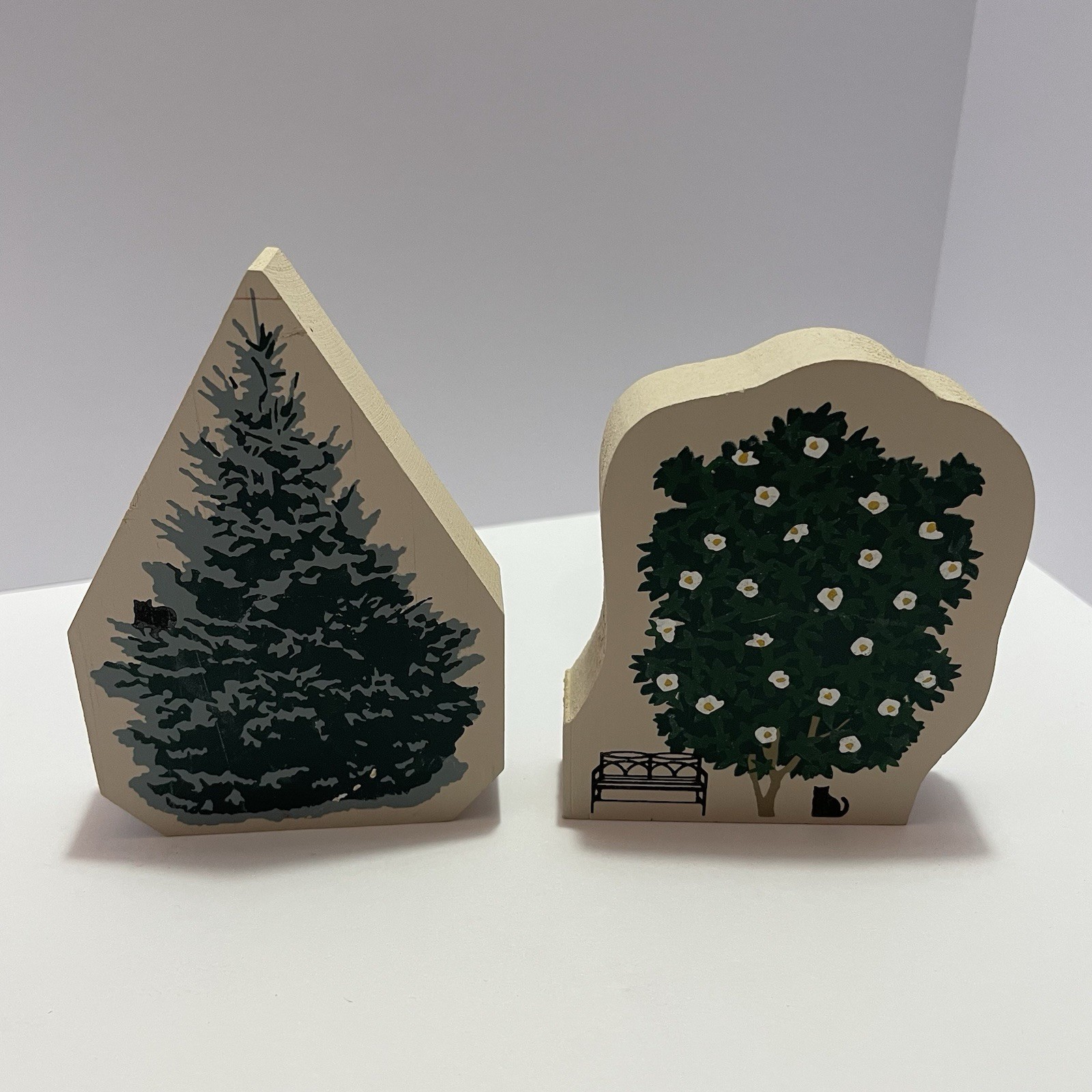 Two Vintage Cats Meow Trees Decorative Wood 1990s – 3 Inches