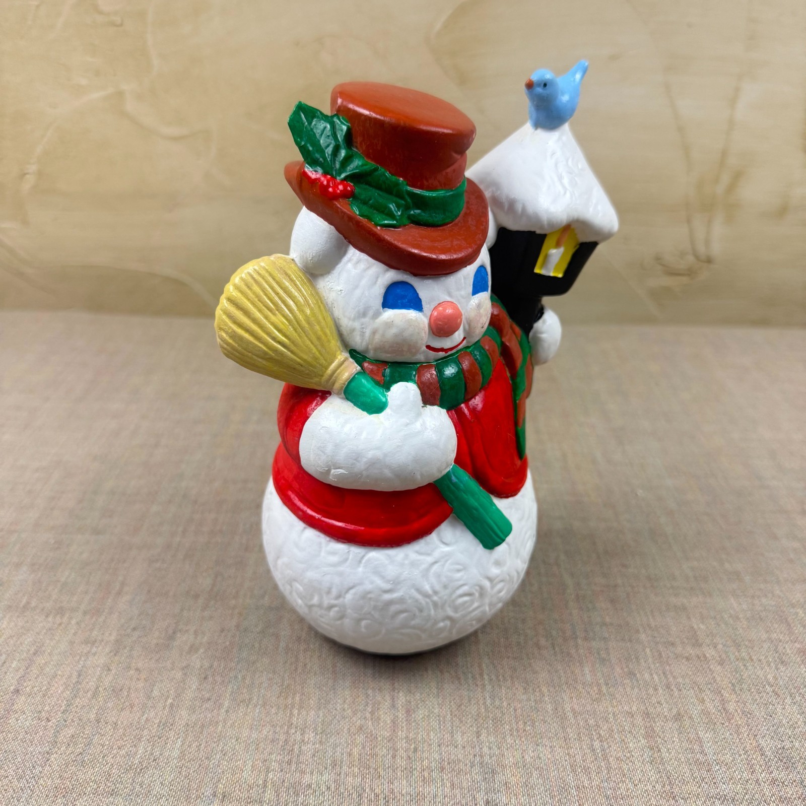Vintage Snowman Figurine with Lamp Post & Bluebird – Bright Hand-Painted Christm