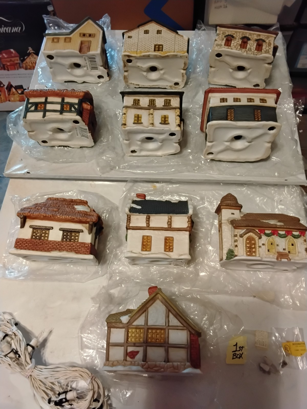 Christmas Village Porcelain Light Houses & Metal/Other Figurine Lot Used 4 Boxes