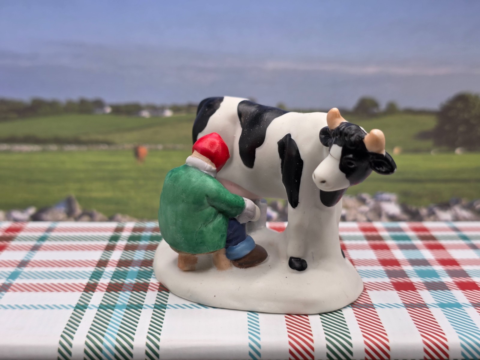 Set of 2 Christmas Village Figurines Farm Animals milking a cow Feeding pig goat