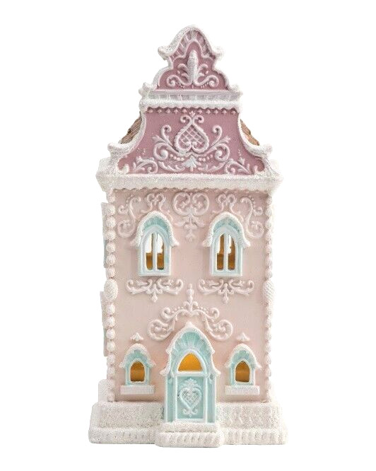 Pink Christmas Victorian Gingerbread House Lights Up 13.5″ NEW