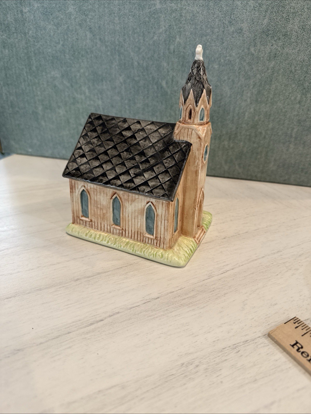 Vtg Porcelain Ceramic Little Brown Gothic Church Music Box Bank Roman EUC VIDEO