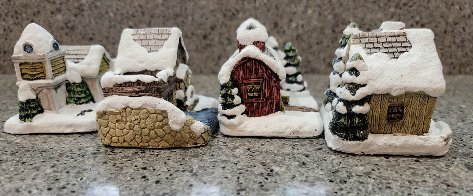 4 1989 RSVP American Rustic Series Painted Christmas Cottages, Labels, barn mill