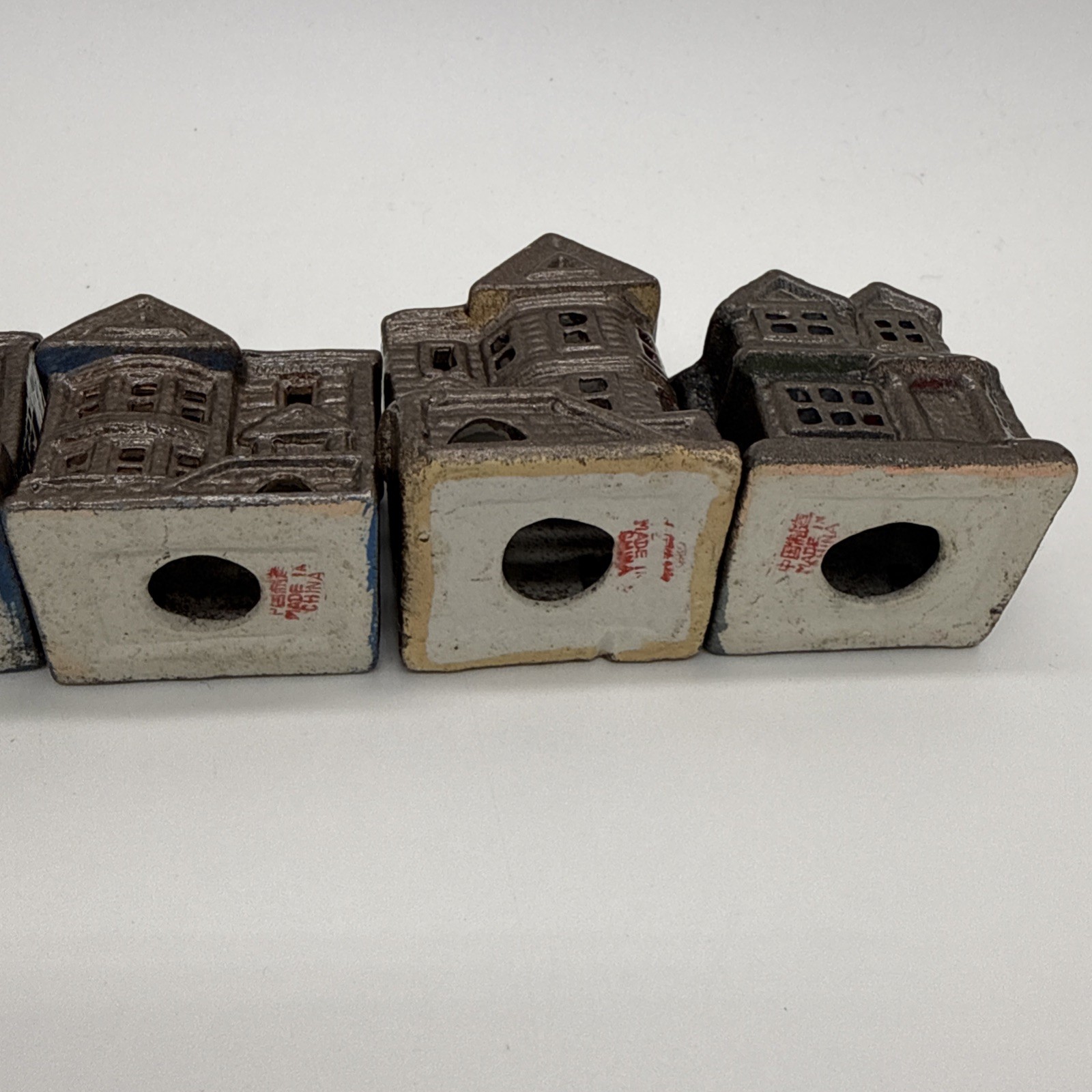 Vintage Miniature Ceramic Victorian Houses Village Set of 6 Brown Hand Painted