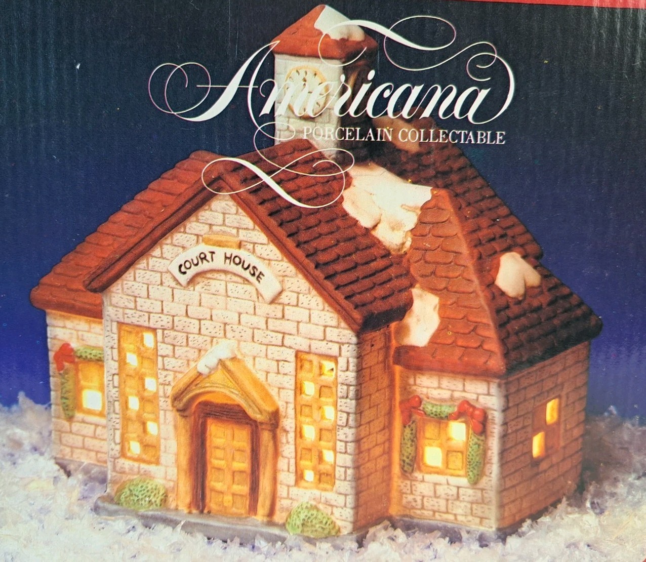 Vtg 1991 Americana Porcelain Collectable Christmas Court House Illuminated 6.25″