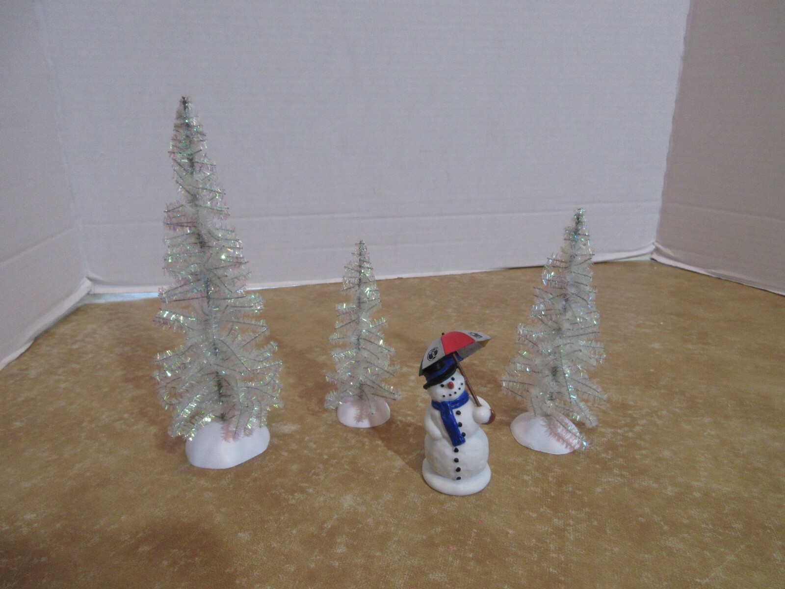 Dept. 56 2004 Classic Tinsel Trees 3 Pcs. & 2005 Ed ,The NCC Snowman