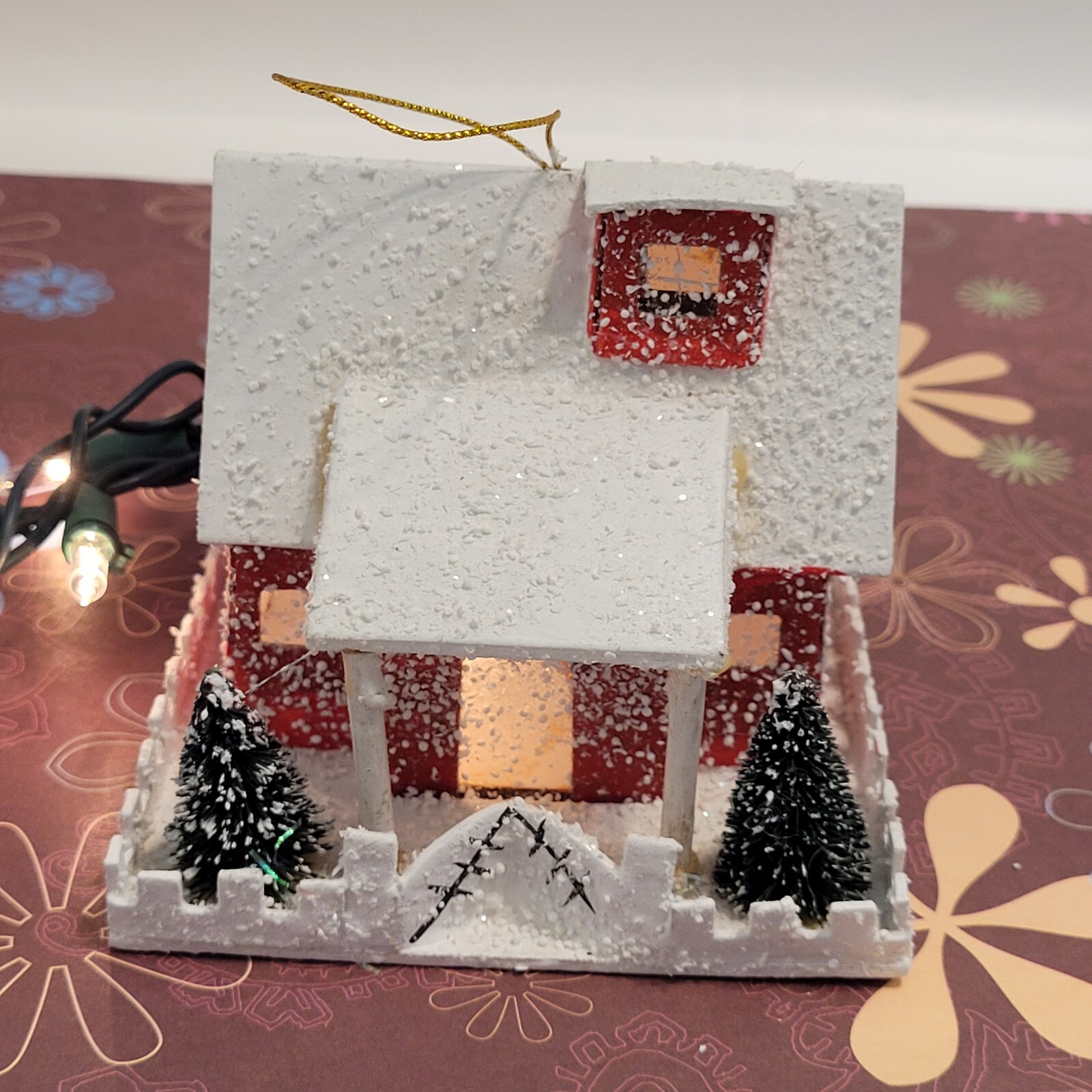 Vtg Inspired Putz House Red W/White Roof Snow Trees Fence Glitter Light Hole