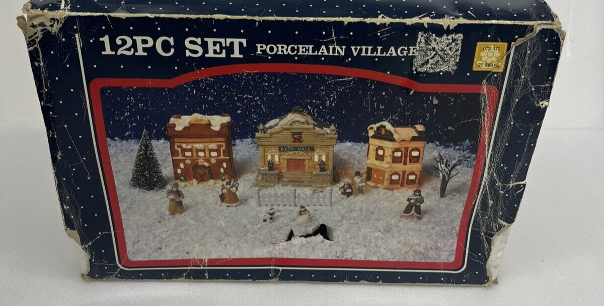Frank’s Nursery and Crafts 12 Piece Set Porcelain Christmas Village Blue Box