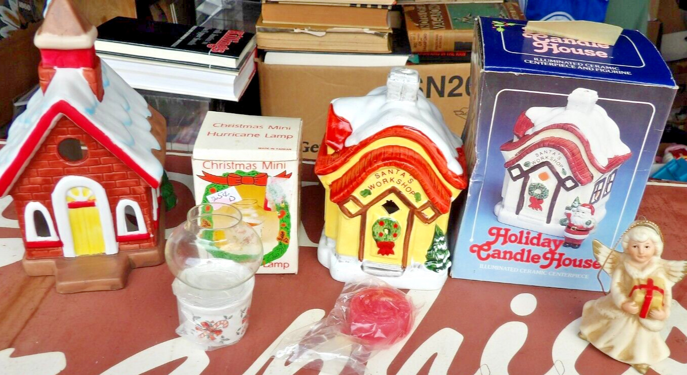 Lot of Vintage Ceramic Christmas Village Houses and a Candle Holder.