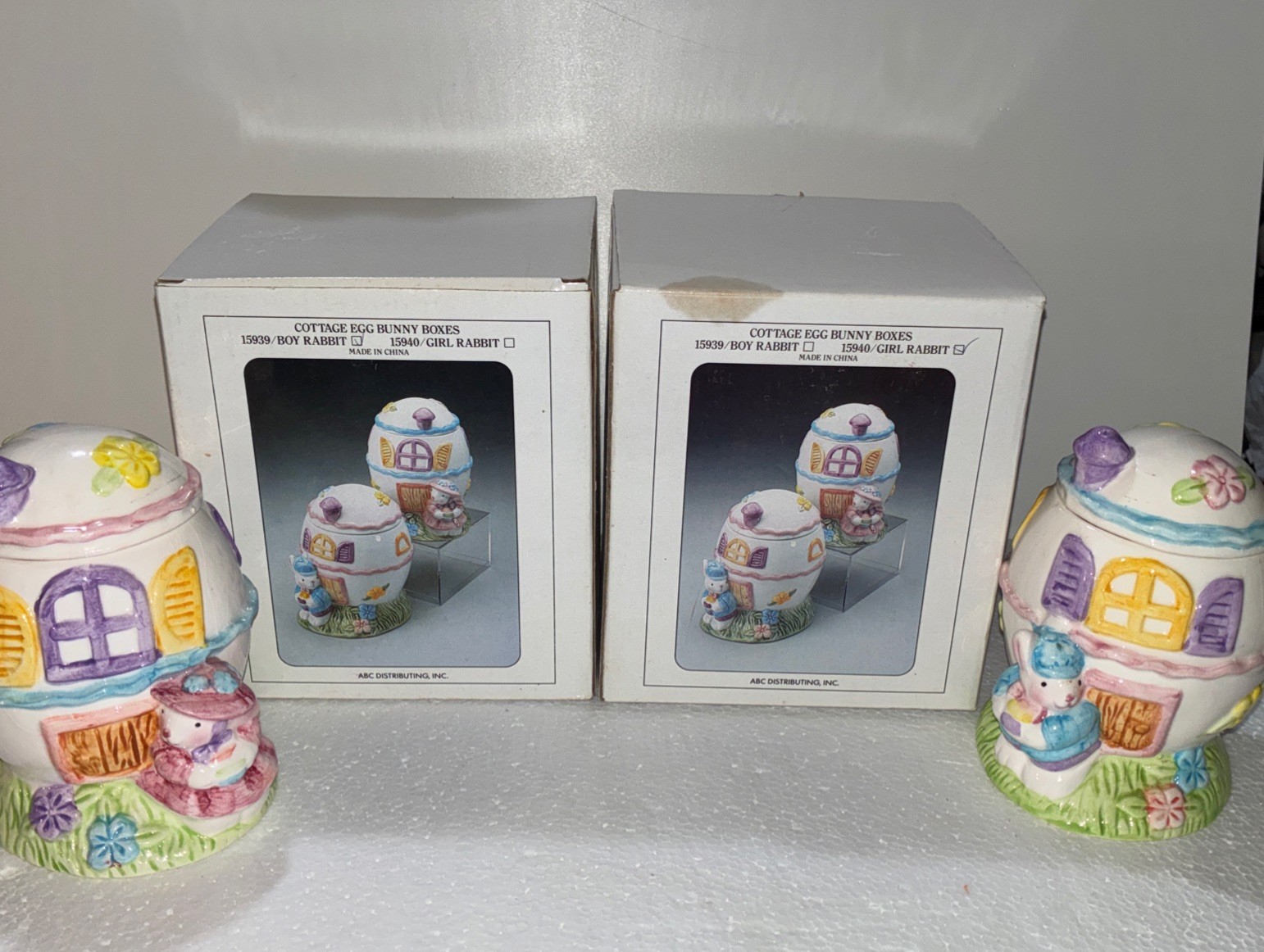 2~ Easter Bunny Easter Cottages Egg Shaped Trinket Boxes Boy & Girl 15939-15940