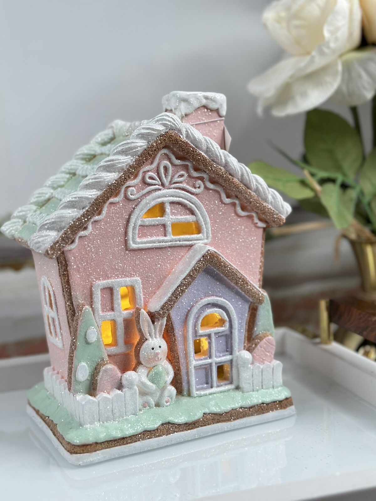 Kurt Adler Easter LED Lights Pastel Multicolor Gingerbread House 9’’Spring Decor