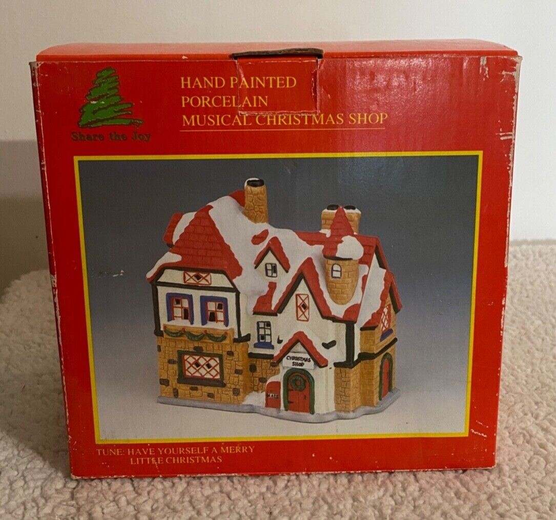 Share The Joy Hand Painted Porcelain Musical Christmas Shop House W/ Box