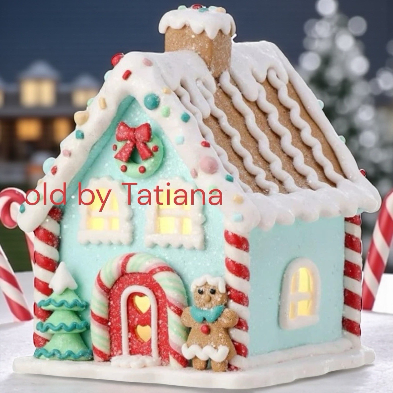 10”Kurt Adler pastel pink Turquoise Teal mint gingerbread house LED
