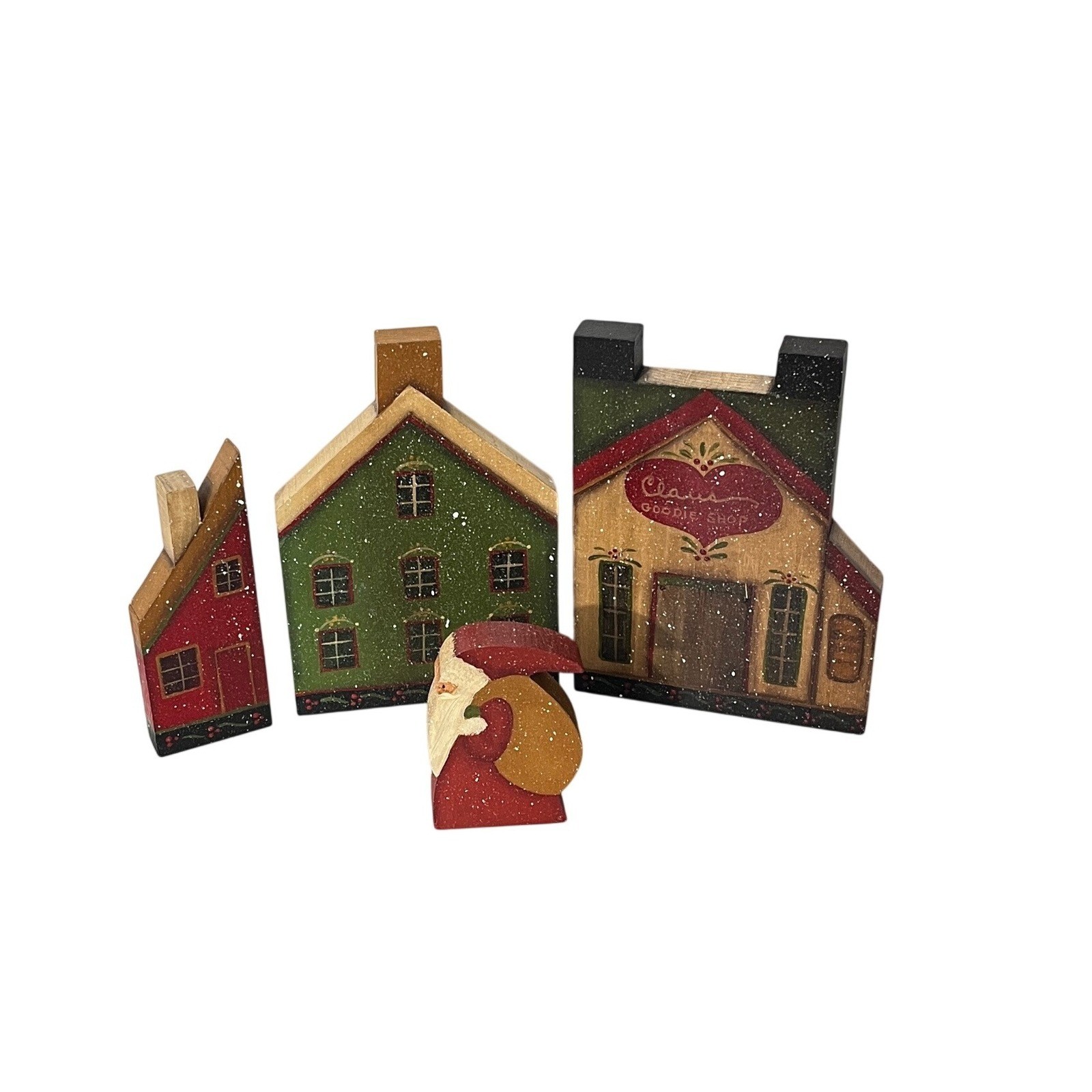Vintage Artisan Wooden Christmas Village Set Multicolor Rustic Folk Art Decor