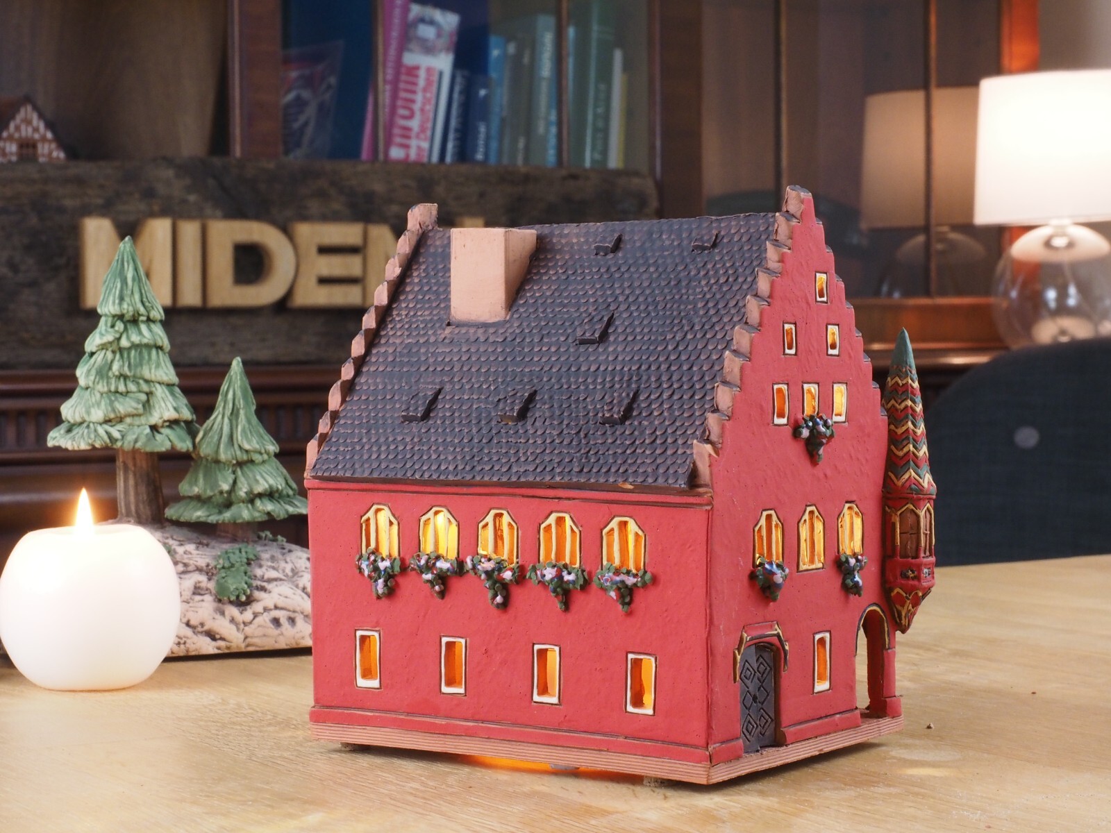 Ceramic Miniature House Candle Holder Old Merchants Hall Freiburg 15cm Midene