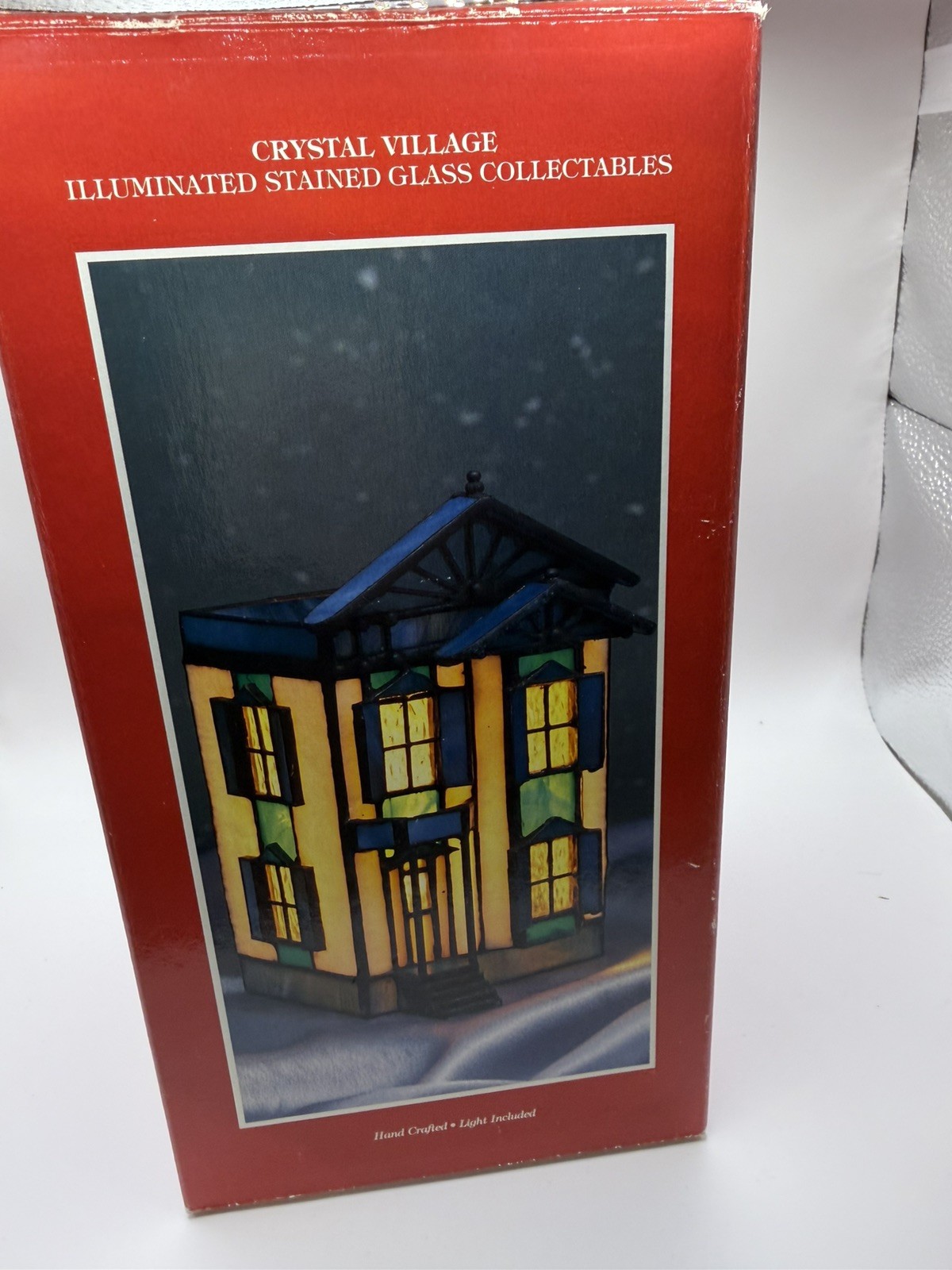 VTG Lighted Stained Glass Victorian House Building Crystal Village Blue White