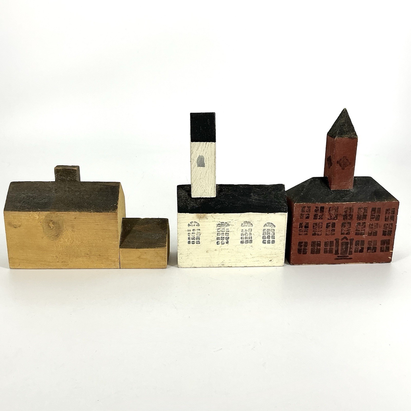 Primitive Folk Art Wood Block Village Houses Buildings 3 Pcs Handmade Vintage