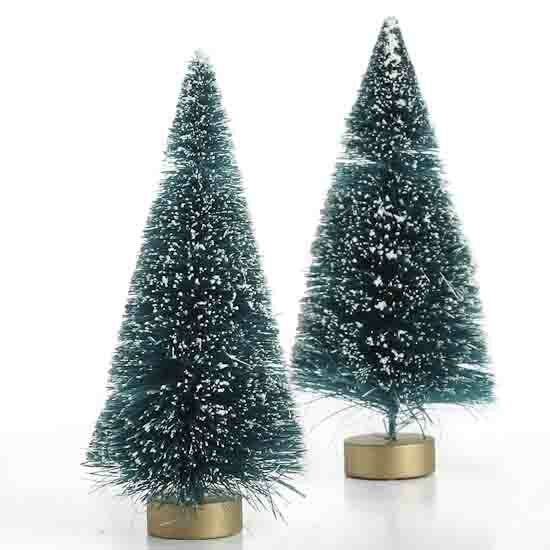Frosted Green Sisal Bottle Brush CHRISTMAS Trees 4″ Tall Set of 2 ~ Village Putz