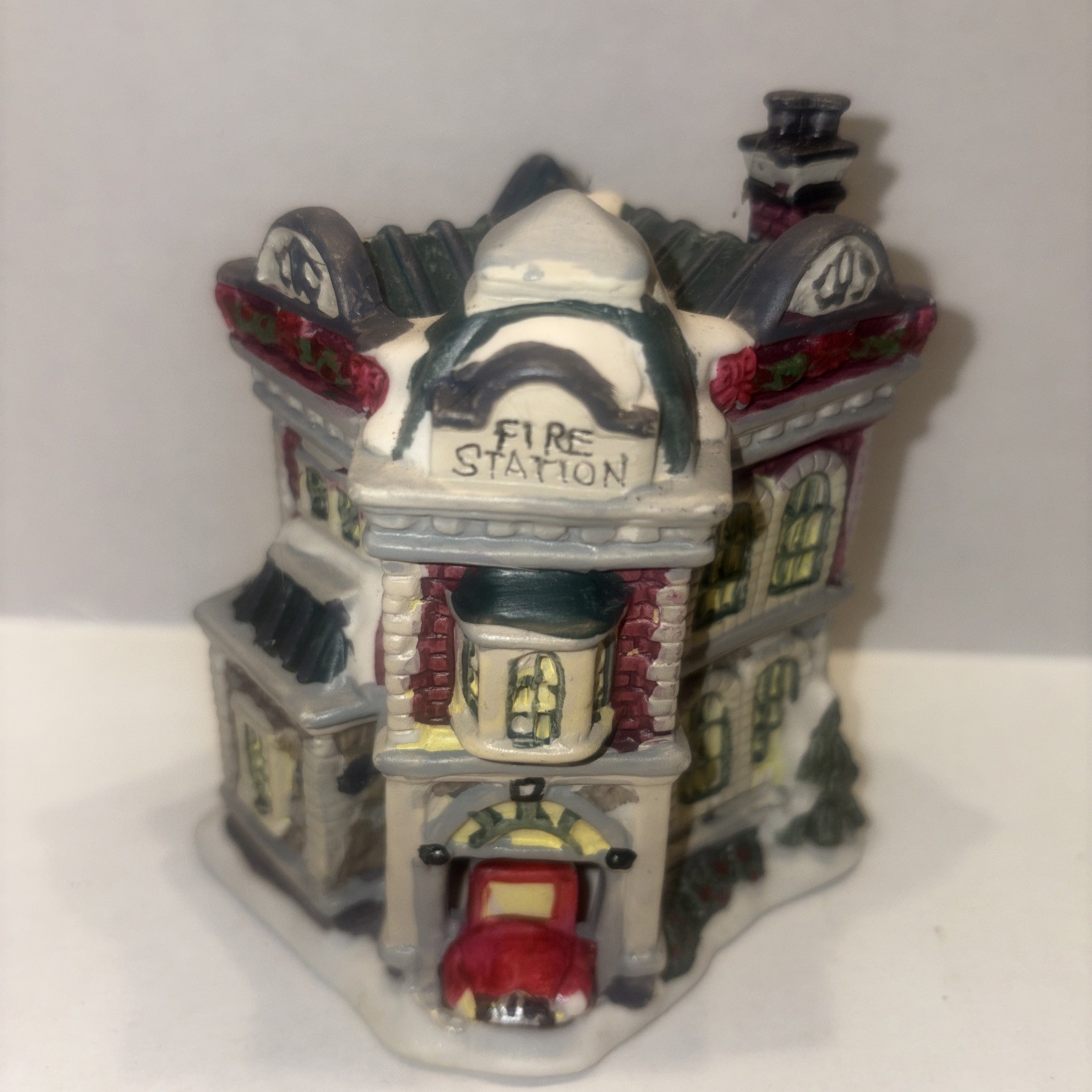 Holiday Ceramic Fire Station Christmas Village House Vintage