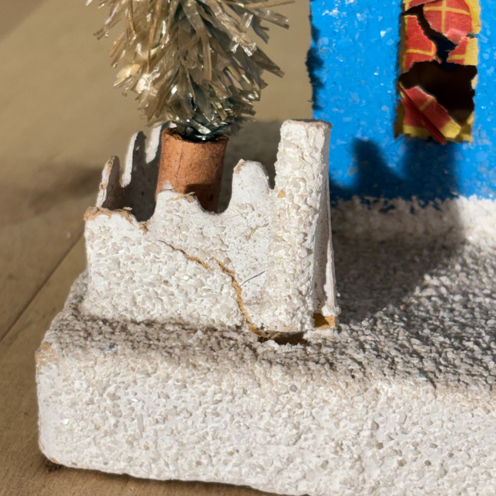Vintage Christmas Putz House Blue, w Fence and Bottle Brush Tree, Japan