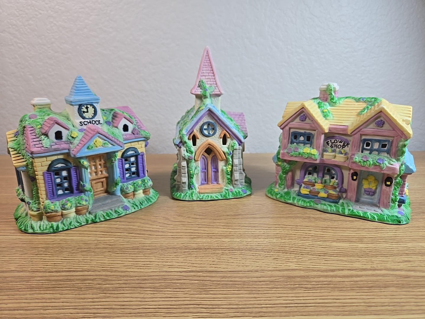 Vintage 1996 Mervyn’s 3 Pc Easter Village Pieces. School Church Flower Shop