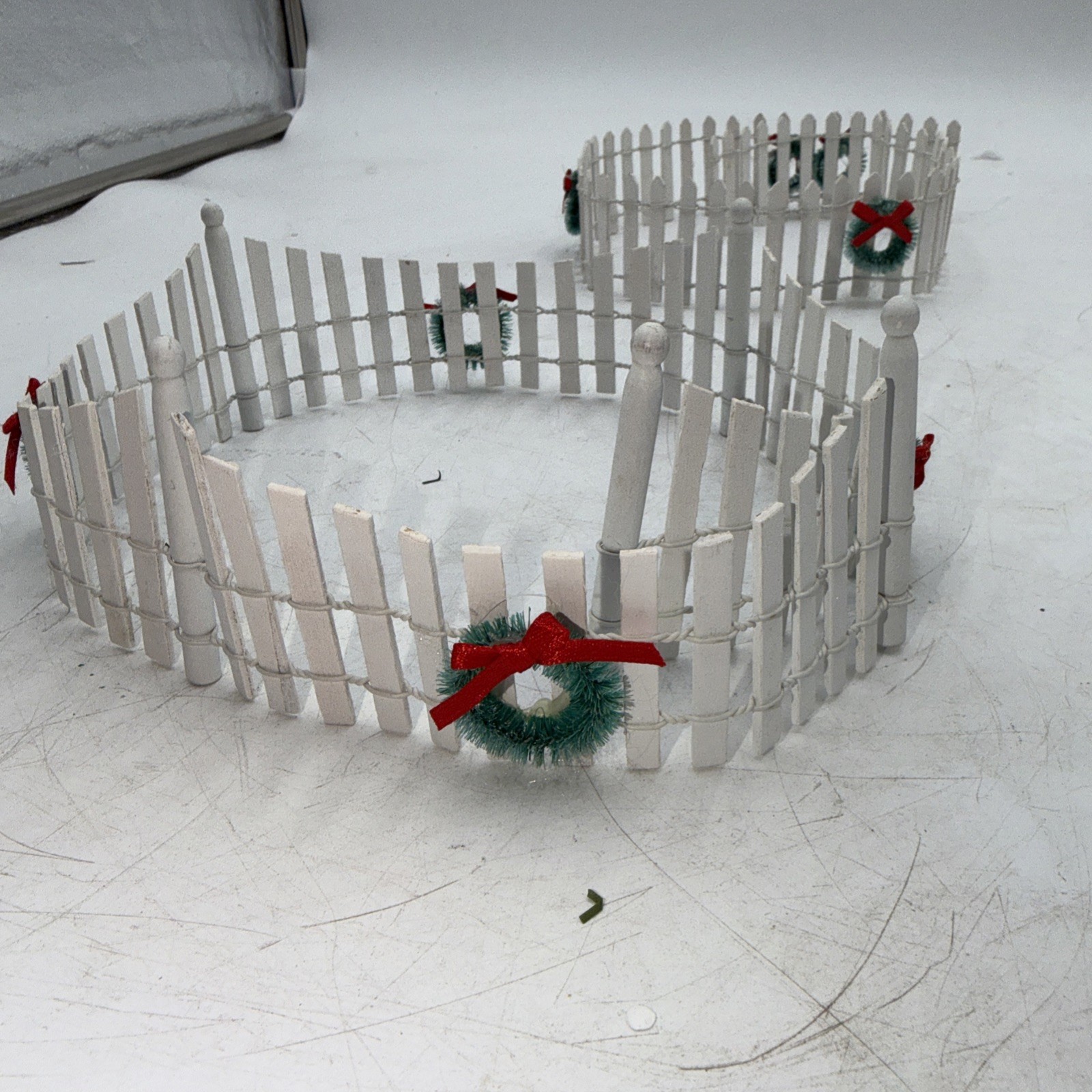Christmas Village White Picket Fence 52” x 2″ Bendable Green Wreaths Red Bows