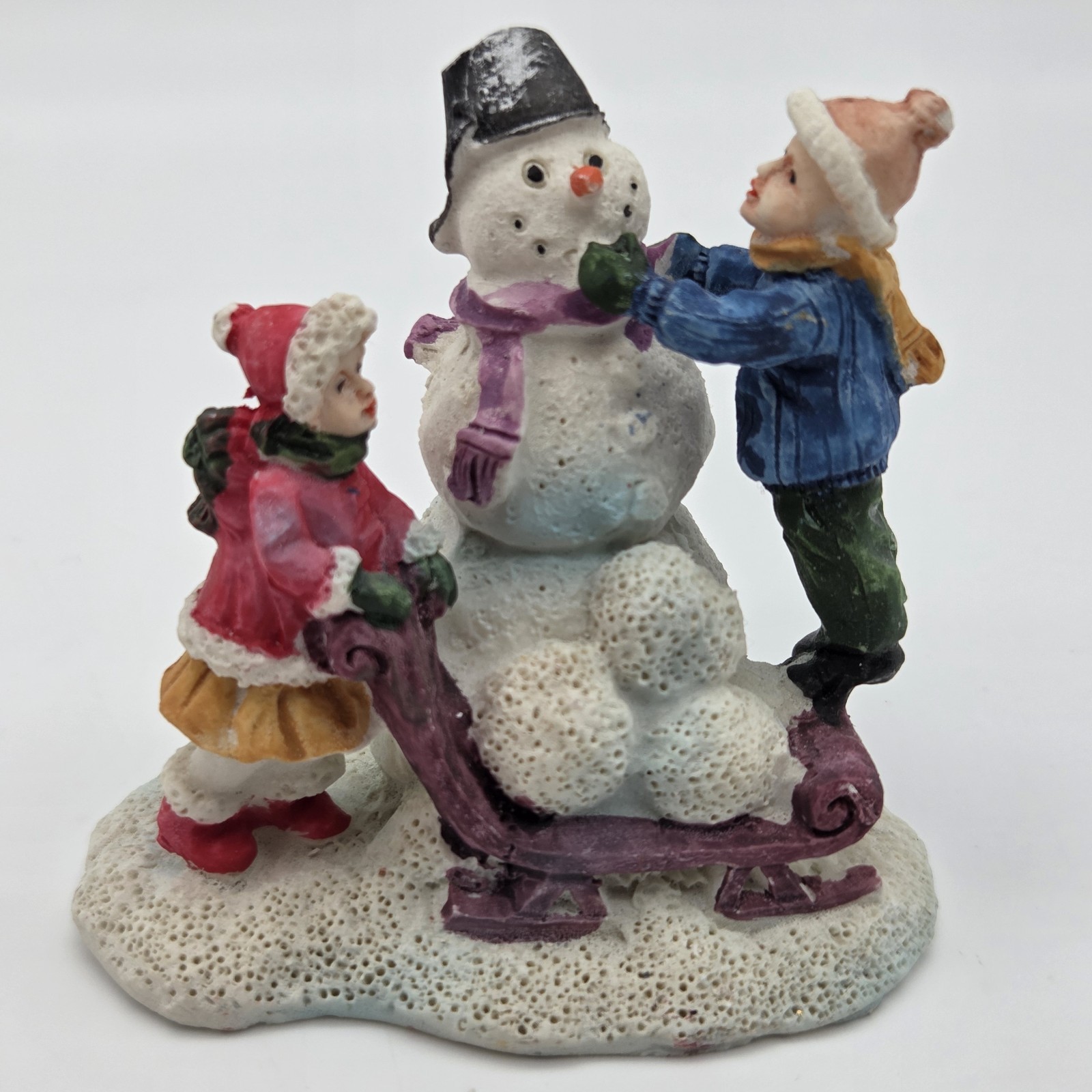 Christmas Village Set 2.75″ Snowman With Bucket On Head & Children Porcelain