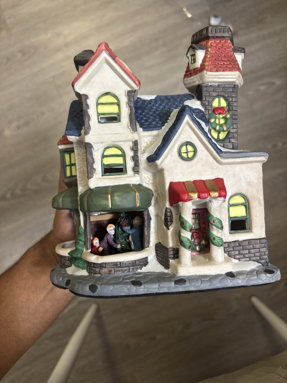 4 Ceramic Lighted Christmas Village Houses w/ 4 Light Cords Holiday Decor