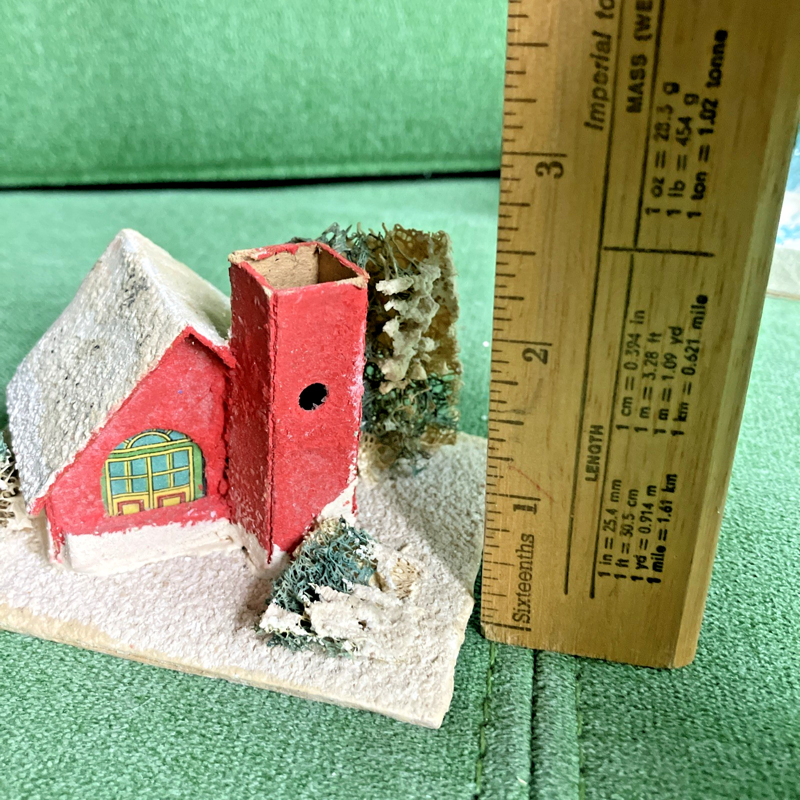 2 Sizes VTG Christmas Putz Houses, Cardboard w Mica Glitter, Windows, Trees