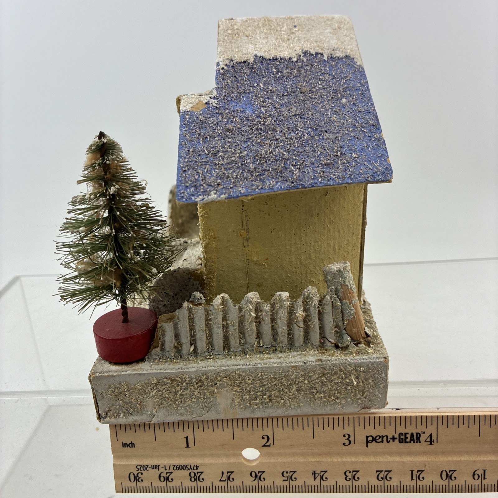 Vintage PUTZ House w/ Coconut Glitter, Bottle Brush Tree 6″ x 3.5″ x 4.75″ JAPAN