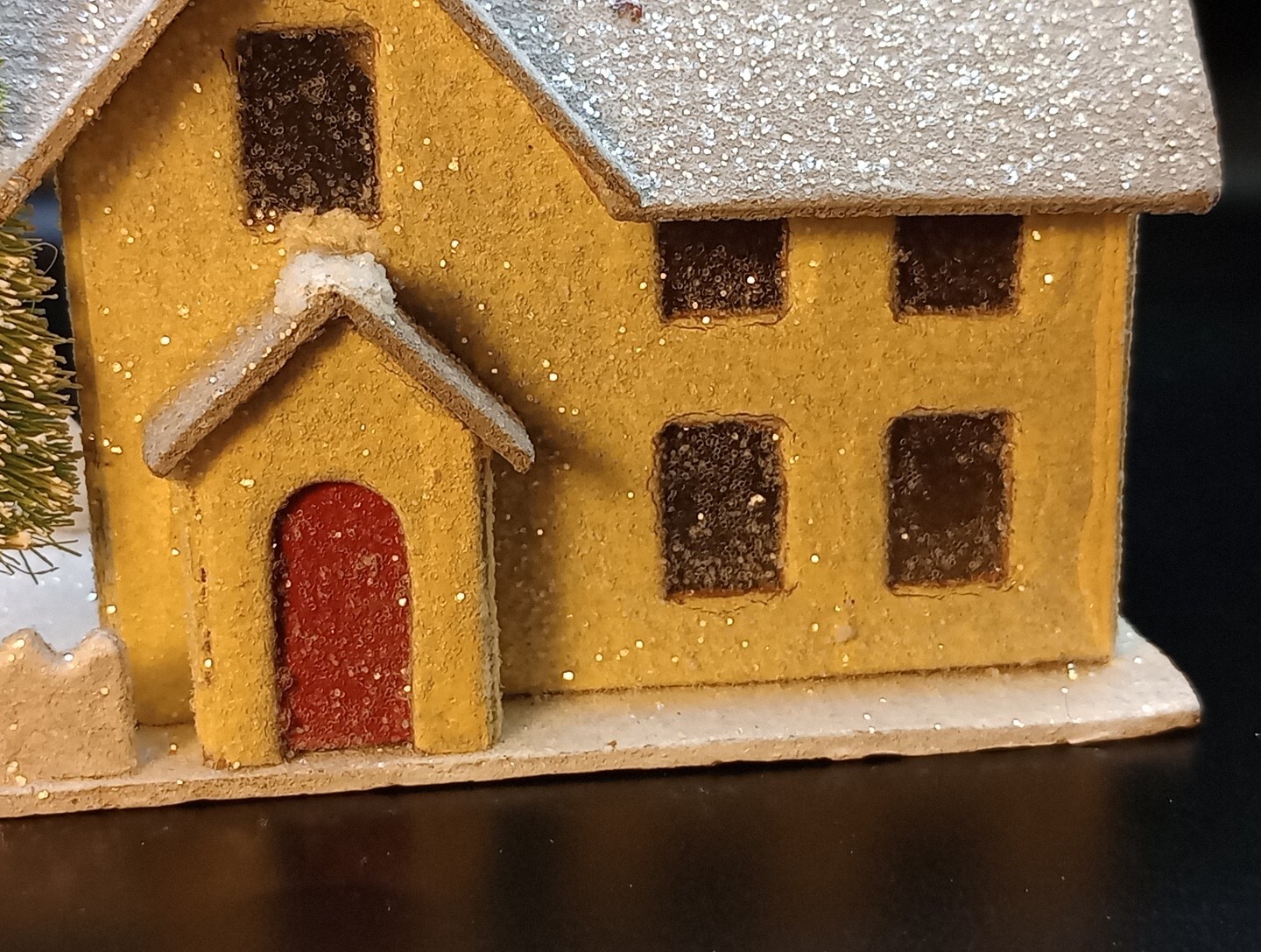 Vtg. 50s? Putz Glitter 2 Story White Cardboard Christmas House W/ Tree & Fence