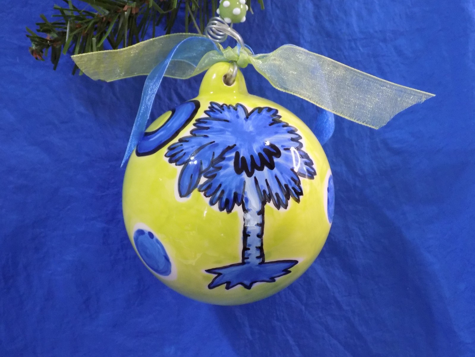 South Carolina Palmetto & Cresent Christmas Ornament 3.5″ Glass Blue on Green