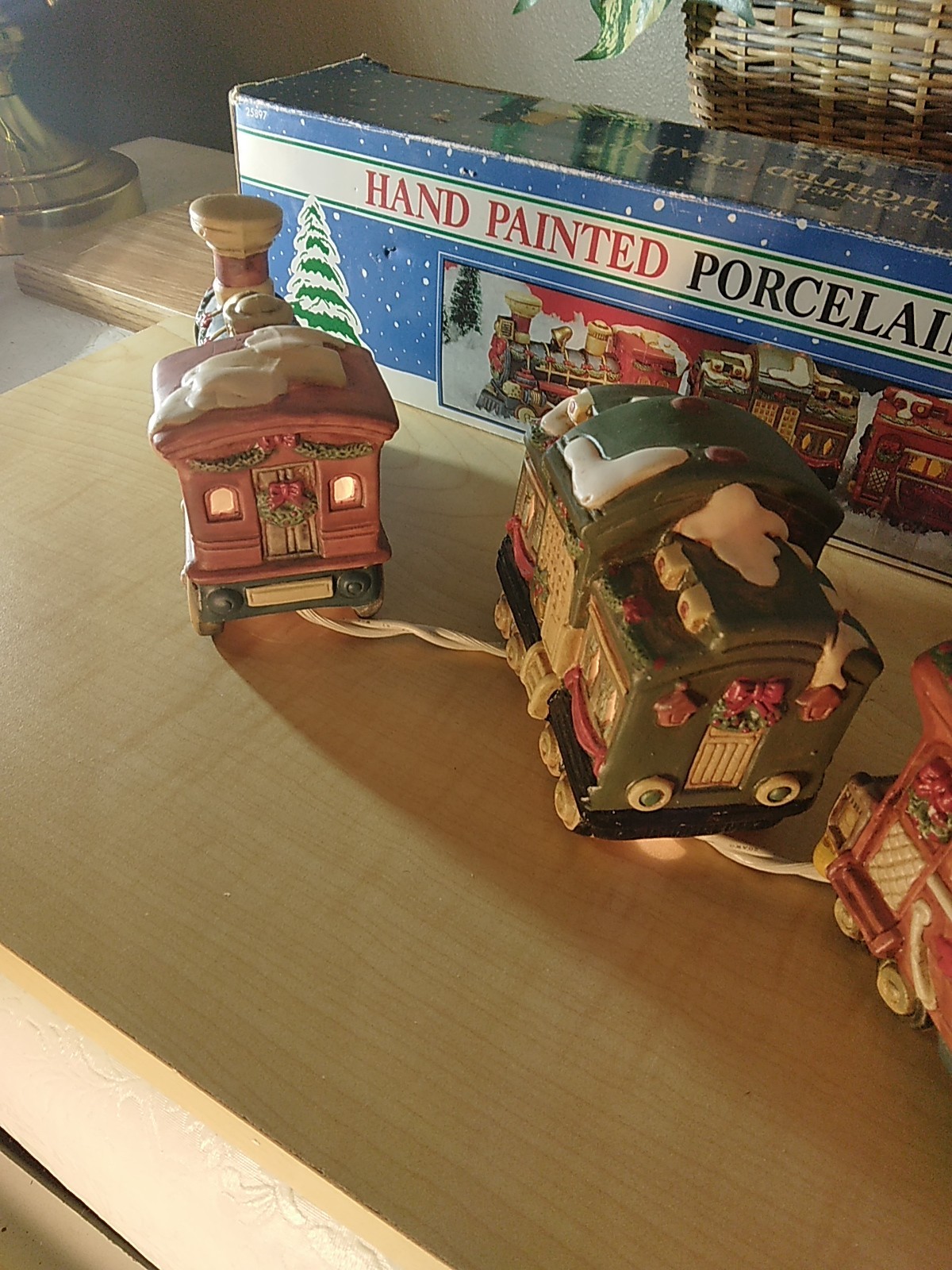 Vintage 1992 Fabri-Centers Hand Painted Porcelain Lighted Train 3pc W/Box Works!
