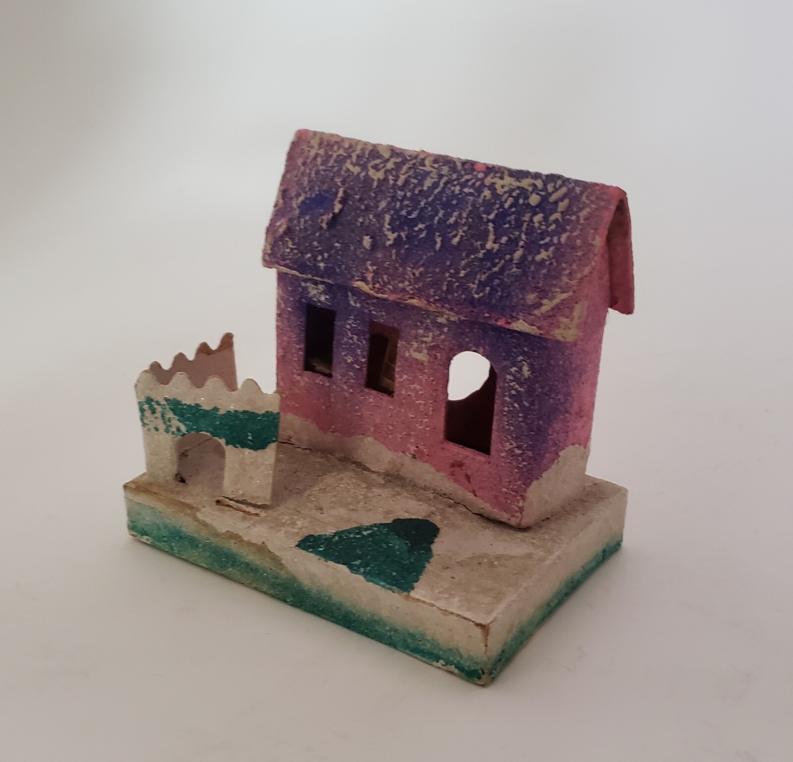 Vintage PUTZ Japan Glitter Cardboard Paper Mache House Pink Purple