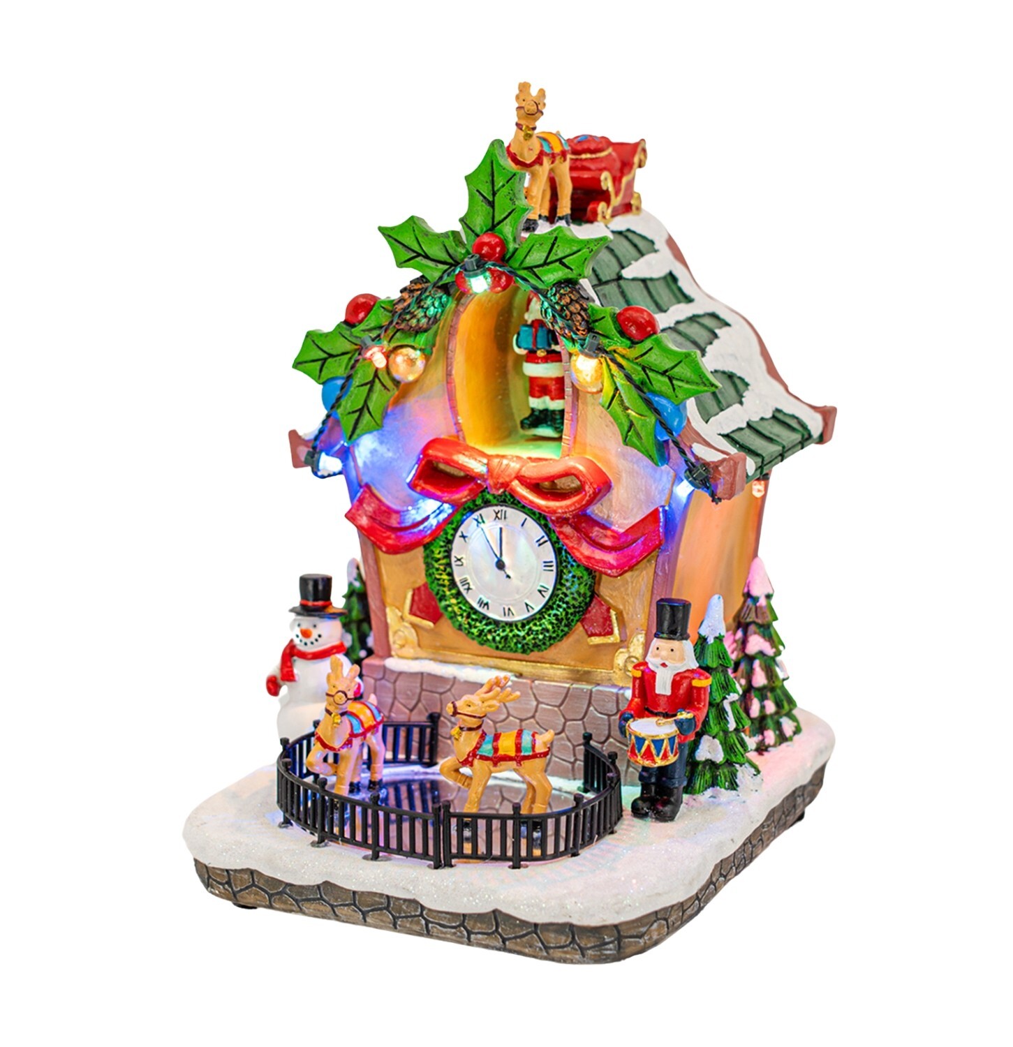 FG Square Cuckoo Clock Santa Reindeer LED Christmas Village Decor 5.5x6x8″