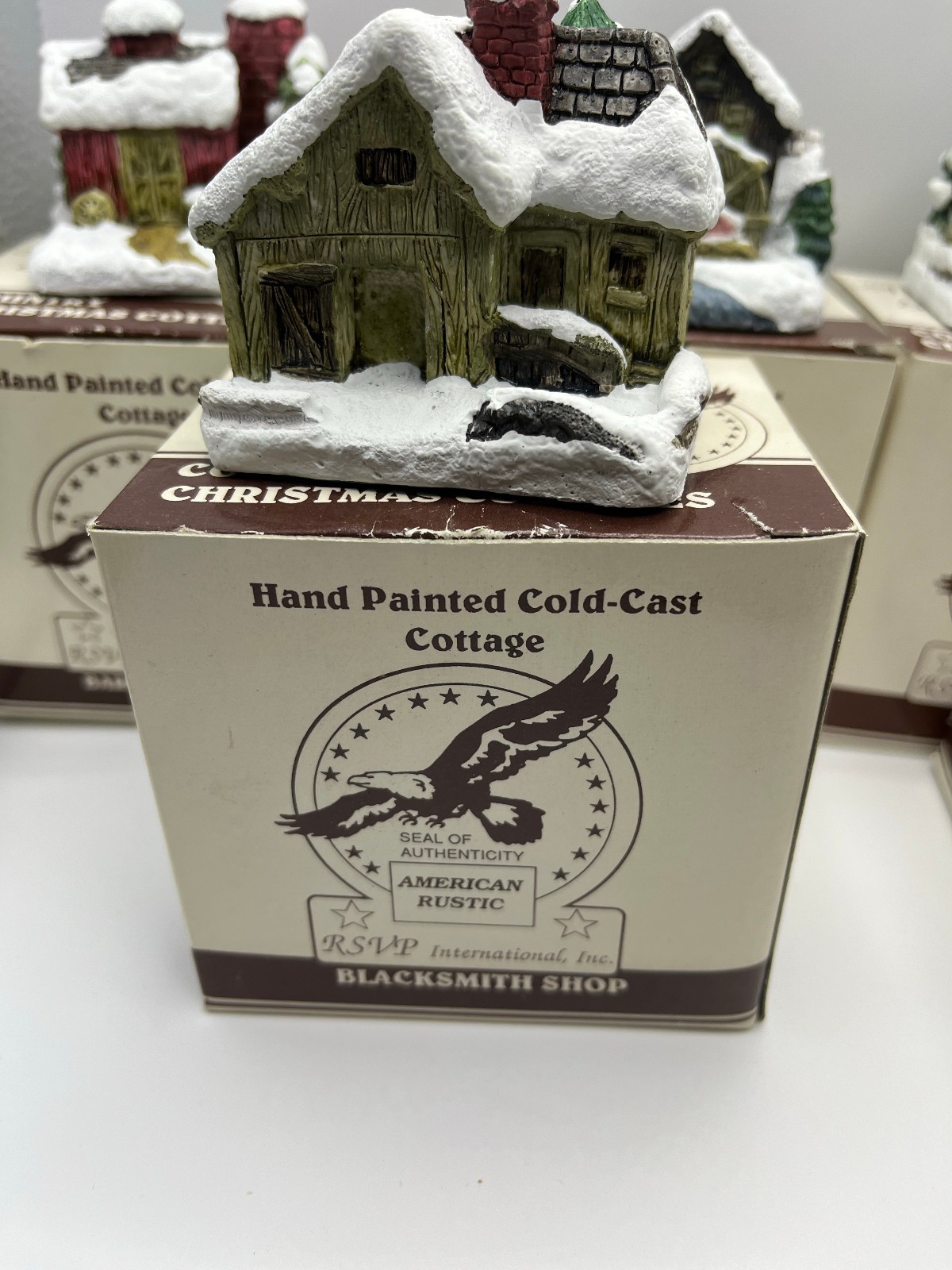 Set of 6 1989 RSVP American Rustic Series Painted Country Christmas Cottages