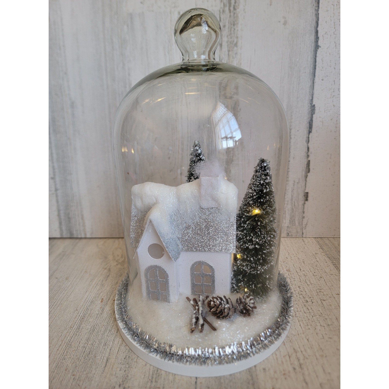 Xmas village scenic glass dome light up glitter home decor tinsel unique