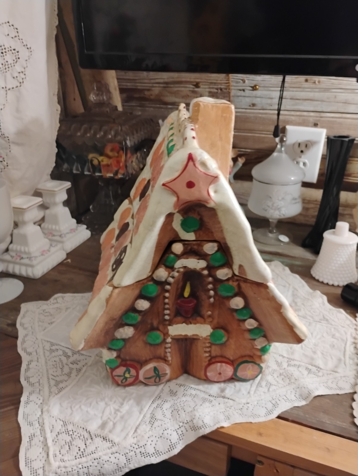 vtg 1960s Gingerbread Christmas House Jar Ceramic 11.5″