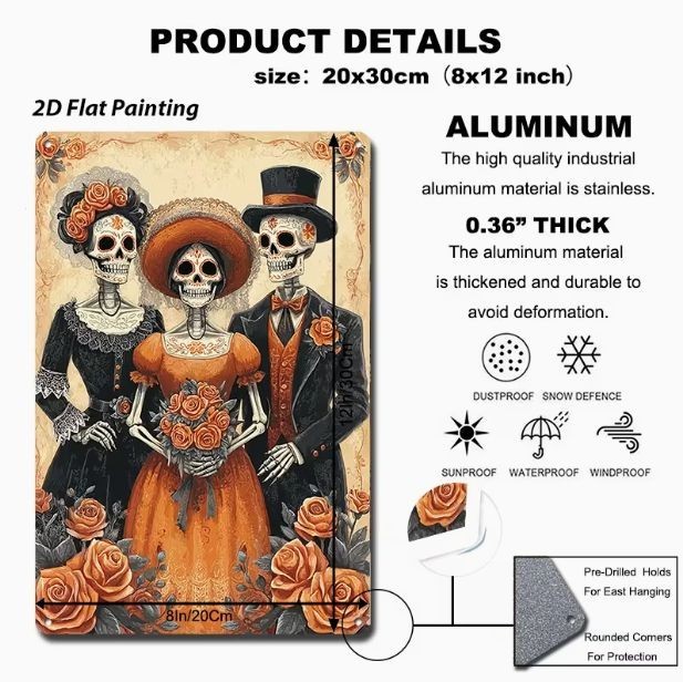 Day of The Dead ELEGANT CATRINA FAMILY 12″ Metal Sign Halloween Wall Decoration
