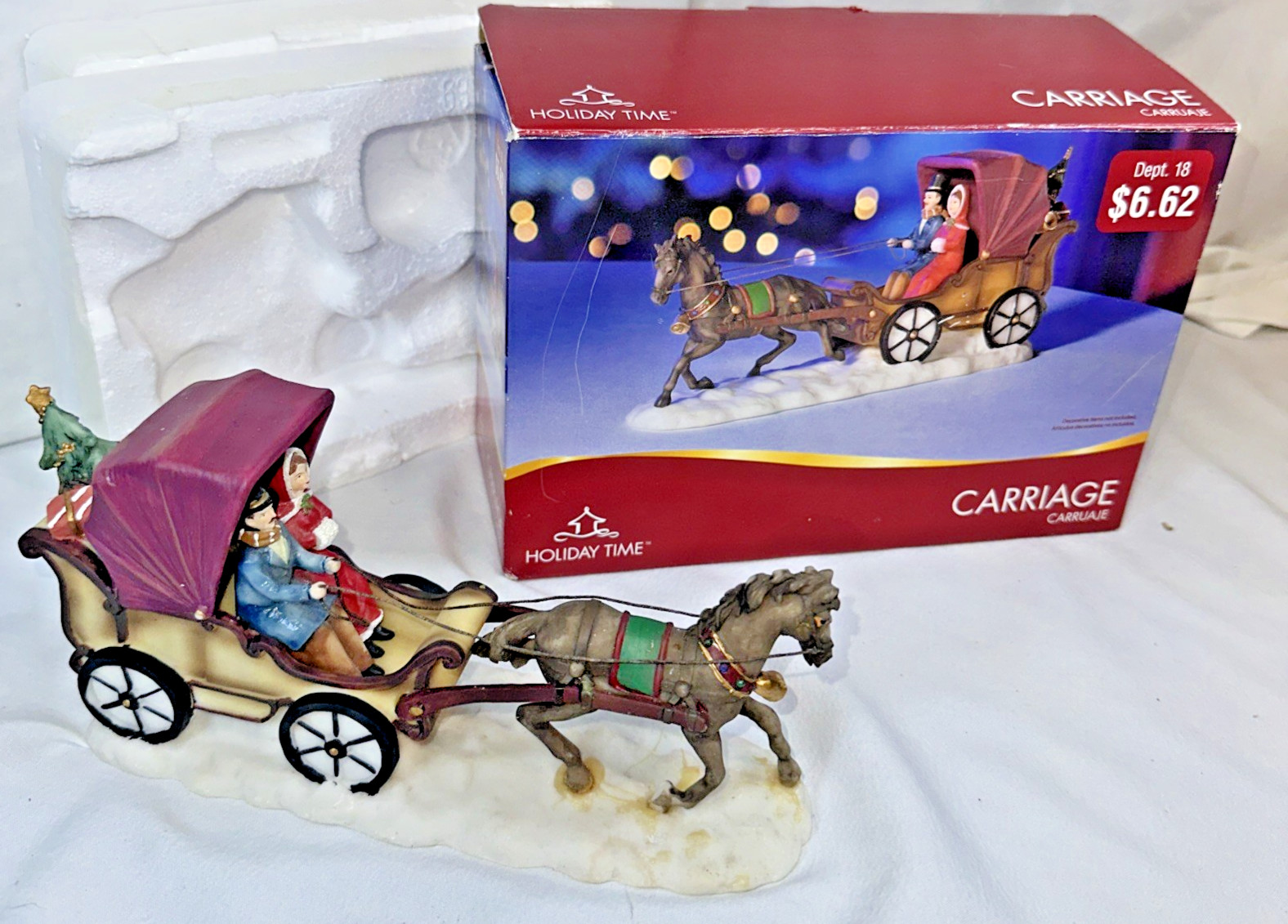 VTG Holiday Time Horse Drawn Christmas Carriage Couple Snow Village Collection