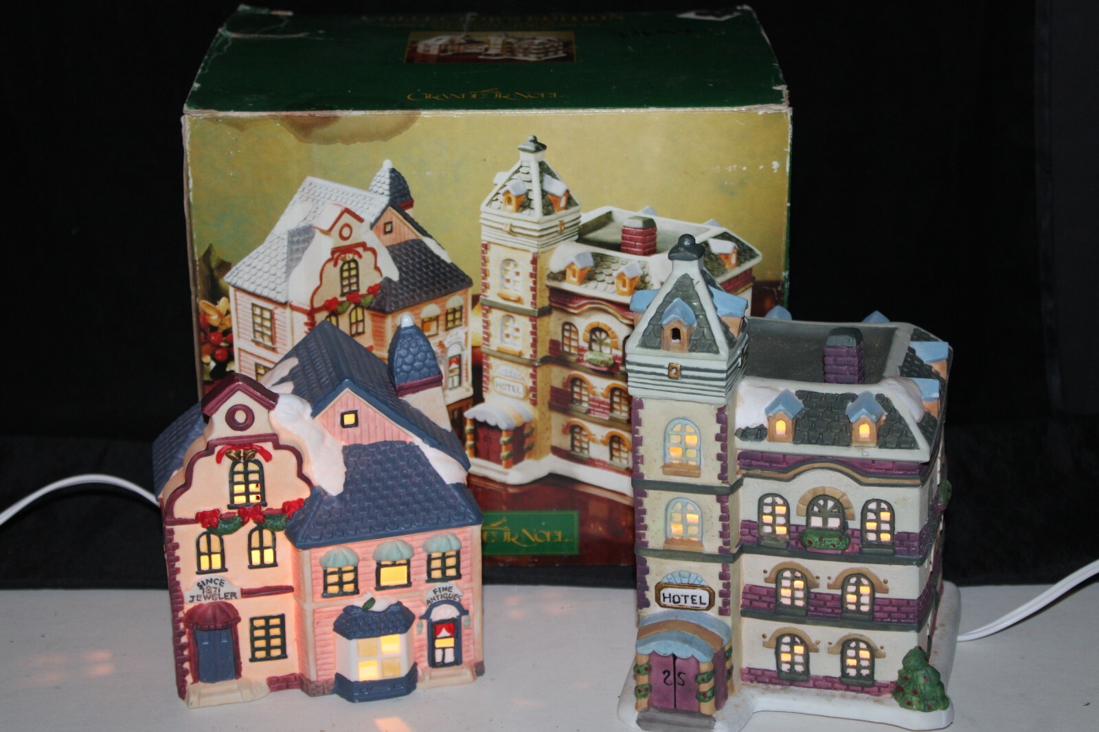Grandeur Noel 2 Piece Porcelain Set HOTEL & JEWELER ANTIQUES Christmas Lighted