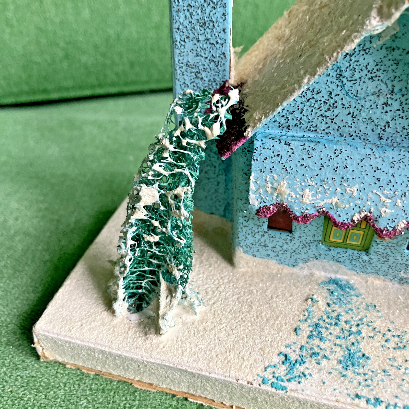 2 Sizes VTG Christmas Putz Houses, Cardboard w Mica Glitter, Windows, Trees