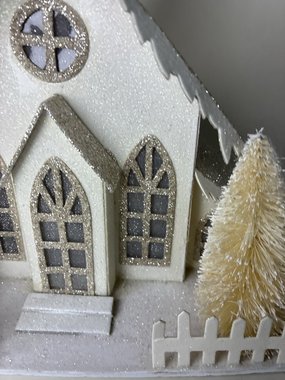 Putz Style Glittered Cardboard Christmas Village Church Bottle Brush Trees 12″