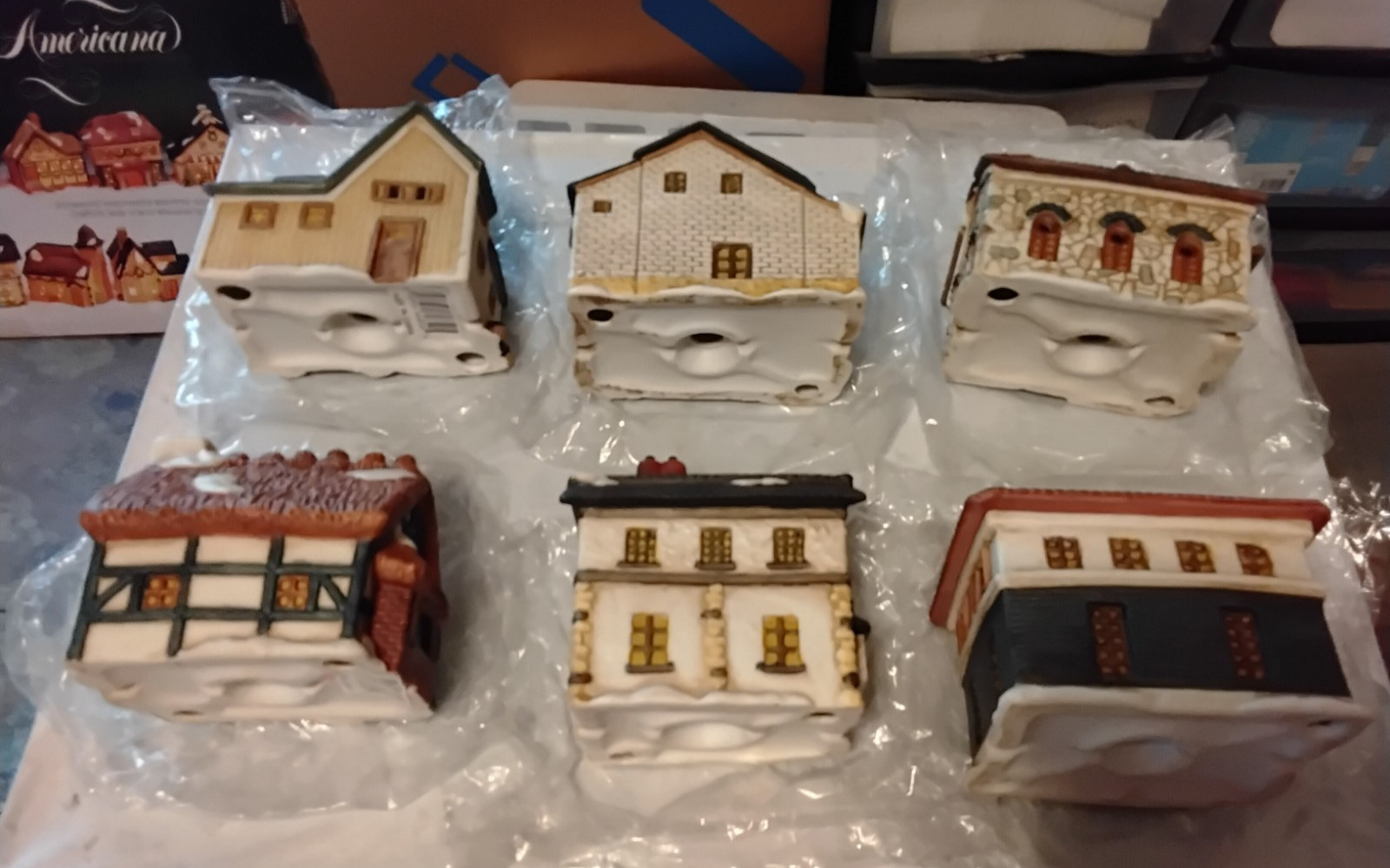 Christmas Village Porcelain Light Houses & Metal/Other Figurine Lot Used 4 Boxes