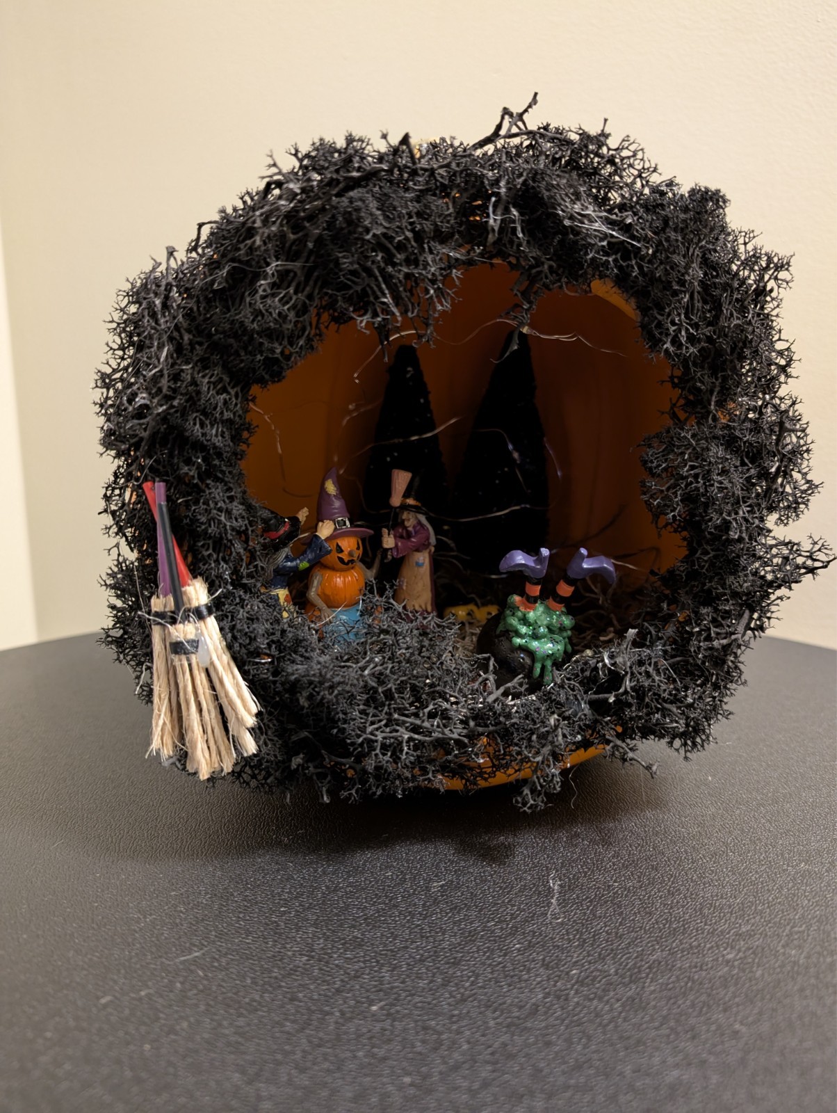 Halloween Pumpkin Diorama: Witch House Scene with Fairy Lights