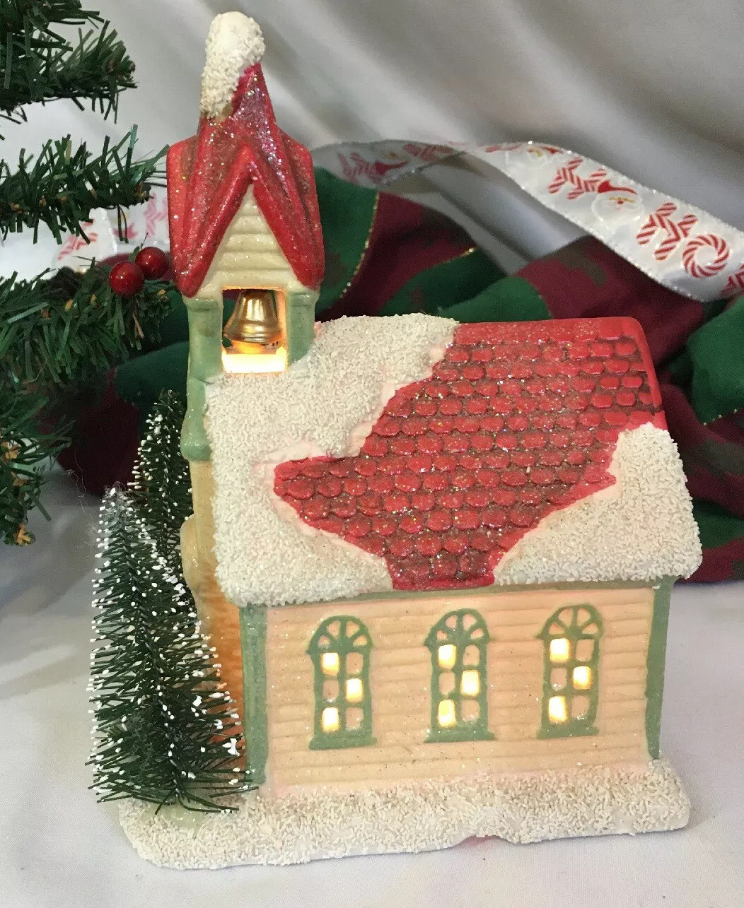 Christmas Light Up Village Church With Bell In Steeple 8X 5 1/2” Sugared Look