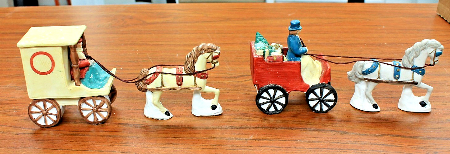Vintage Ceramic Village Collection HIs/Hers Christmas Horse drawn carriages