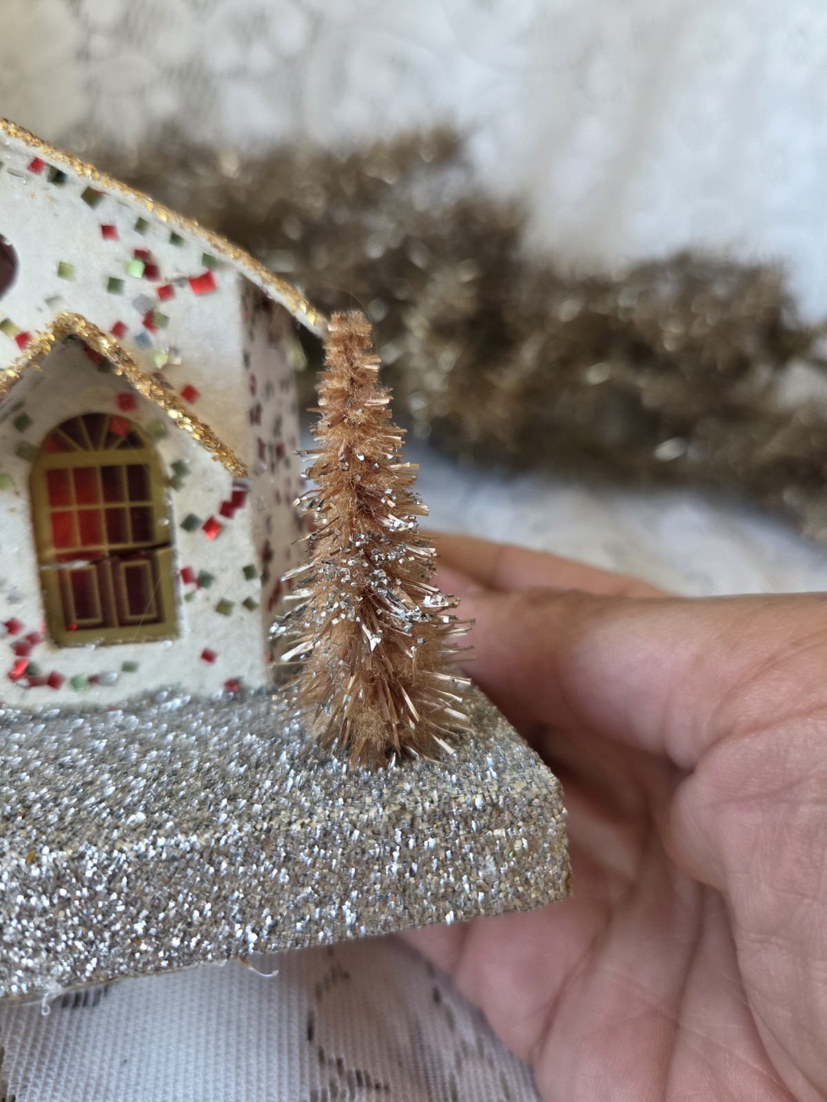 Vintage Putz Christmas Glitter House With Bottle Brush Tree Made In Japan